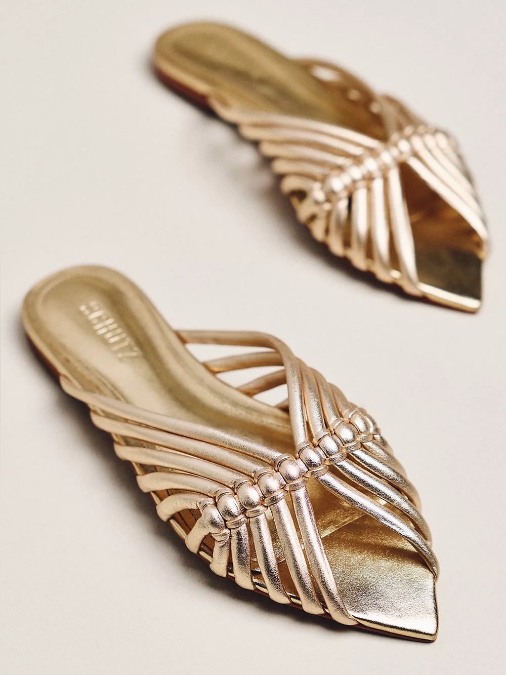 ANTHROPOLOGIE - Aylen Woven Metallic Gold Strappy Pointed-Toe Slide Sandals
